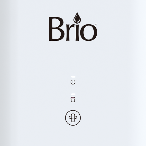 Close-up of a white surface with the word Brio at the top, featuring a water droplet as the dot on the letter i, and three black icons below: a power symbol, a cup, and a circular symbol with a plus sign.